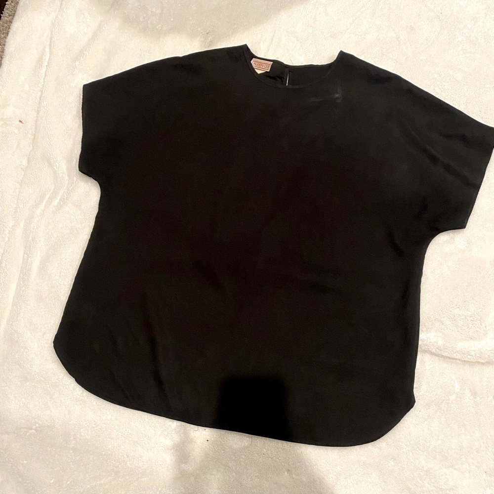 Lauren Lee black silky short sleeve blouse sz L, loose relaxed fit, Vtg style
